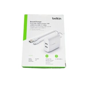 Aa3O Belkin 24W Dual Port USB Wall Charger with USB-A To USB-C‎ Cable White "OB"